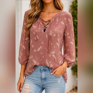 St. Johns Bay Women's Floral Lace-Up Blouse - Brown